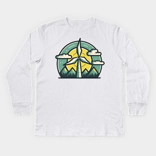 Get Your Eco-Chic On with the Wind Turbine Cartoon Design Kids Long Sleeve T-Shirt